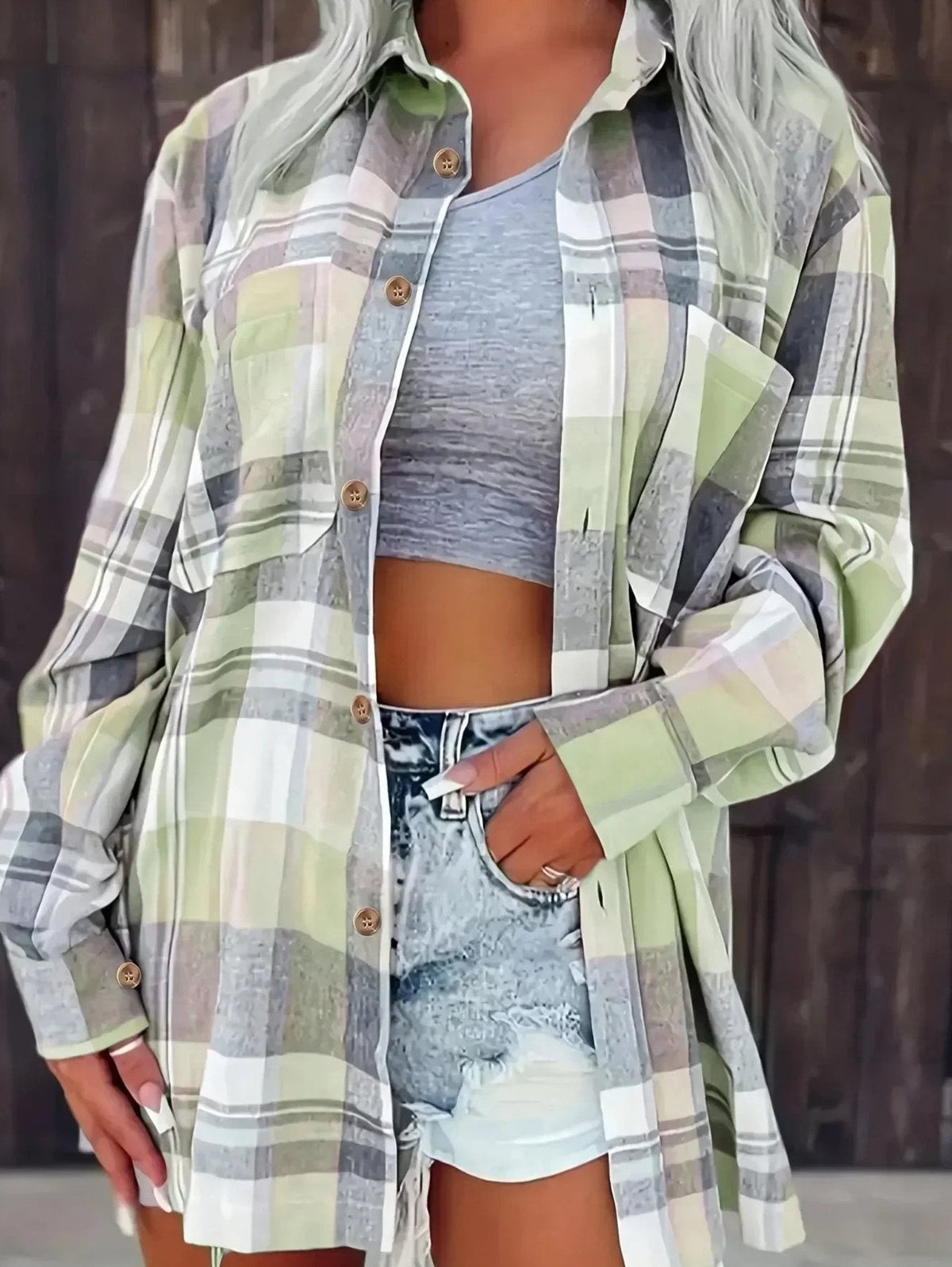 Flanellhemd Damen Oversized Langarm mit Karomuster und Knopfleiste