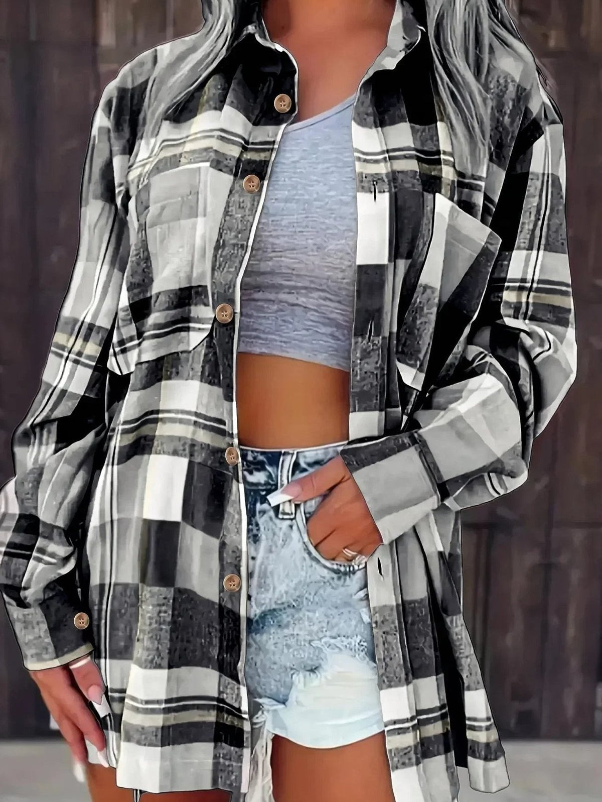 Flanellhemd Damen Oversized Langarm mit Karomuster und Knopfleiste