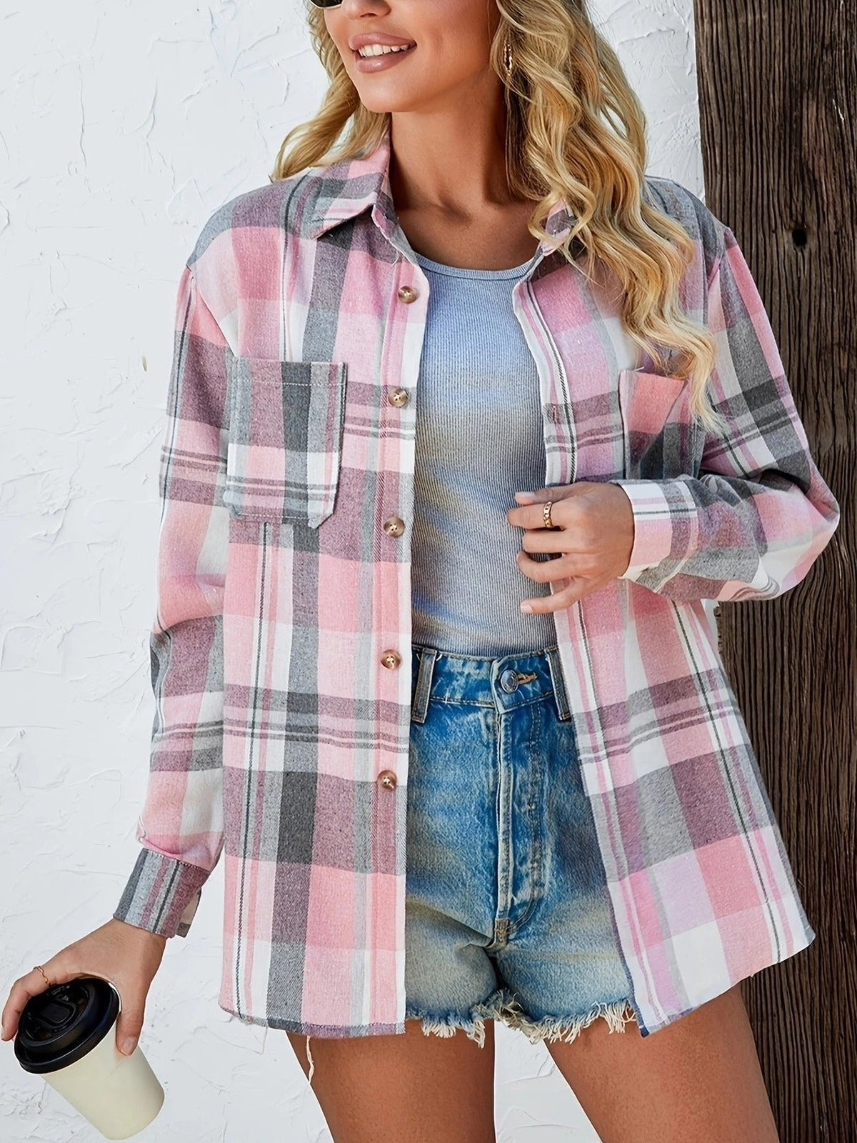 Flanellhemd Damen Oversized Langarm mit Karomuster und Knopfleiste