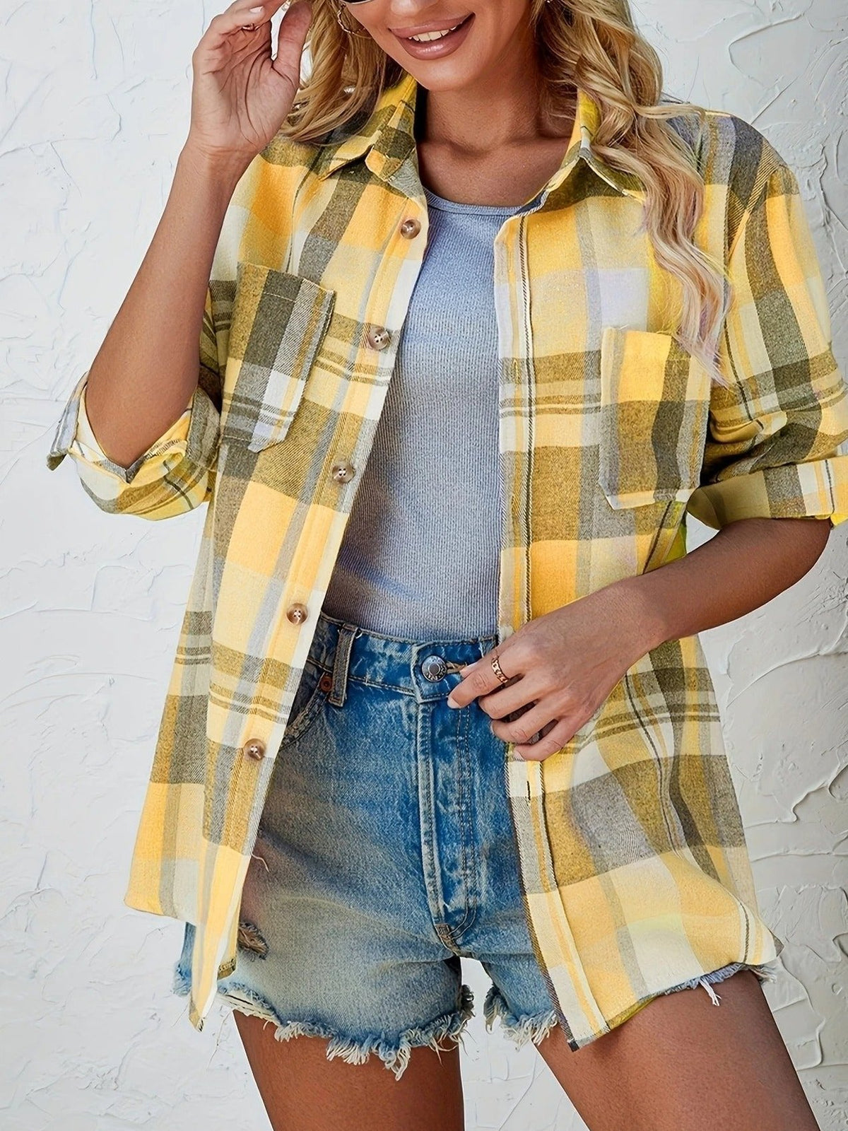 Flanellhemd Damen Oversized Langarm mit Karomuster und Knopfleiste