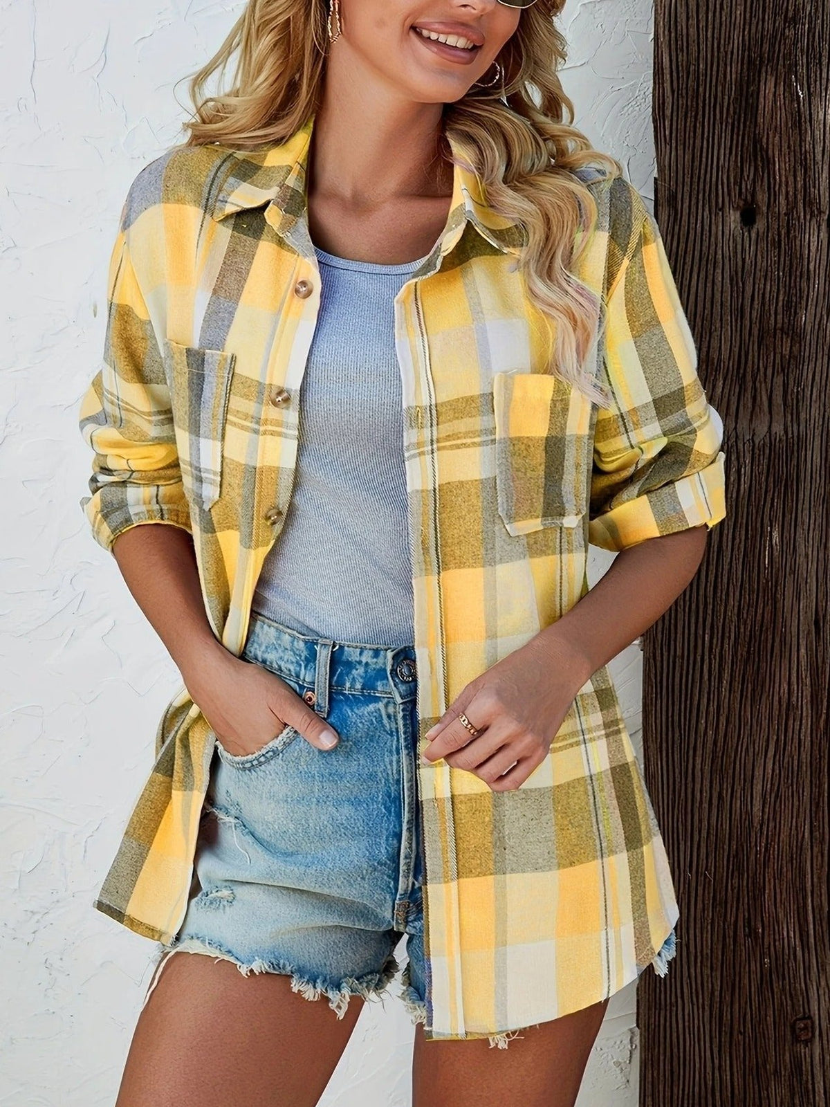 Flanellhemd Damen Oversized Langarm mit Karomuster und Knopfleiste