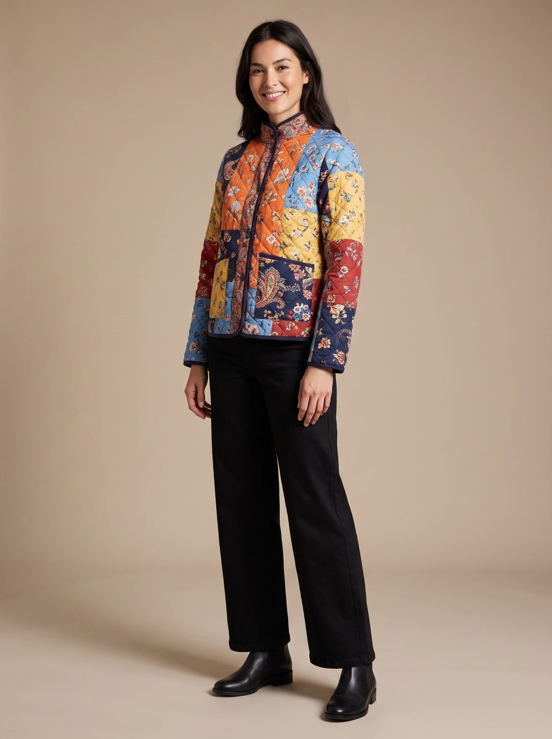 Damen Winterjacke mit Patchworkmuster gesteppt und Stehkragen