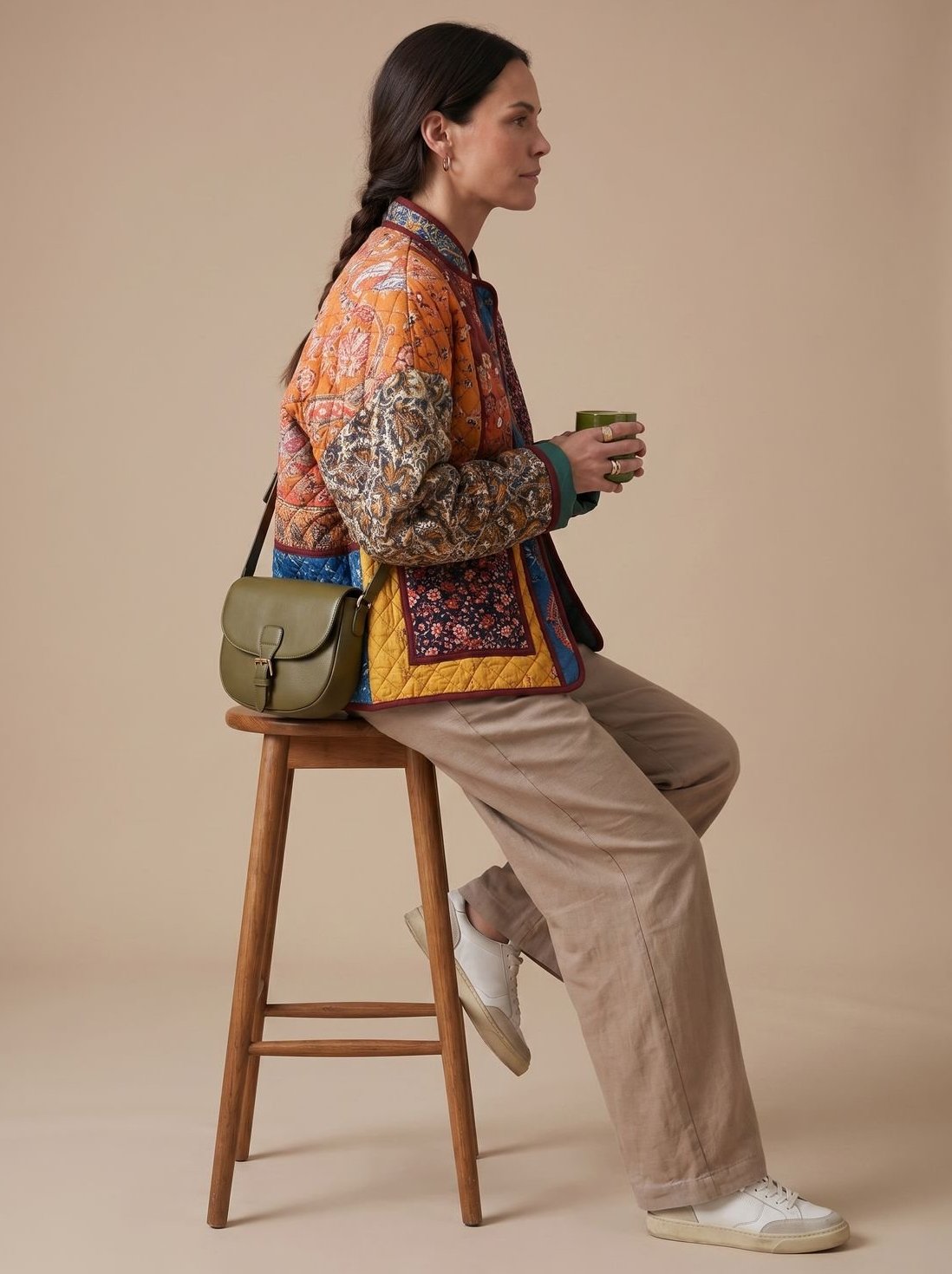 Damen Winterjacke mit Patchworkmuster gesteppt und Stehkragen