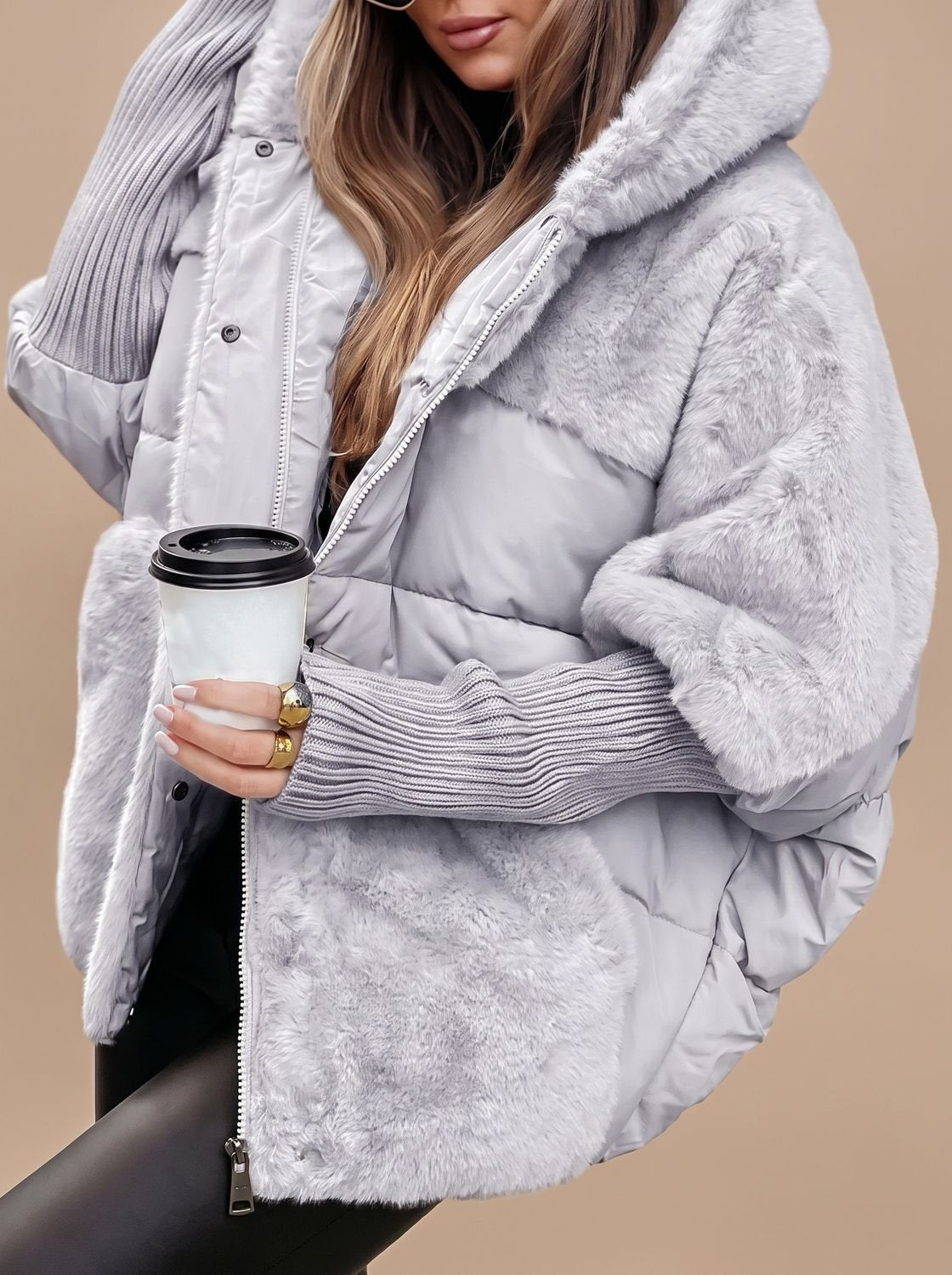 Daunenjacke Damen gesteppt, Oversize mit Kunstfell-Kragen und Kapuze