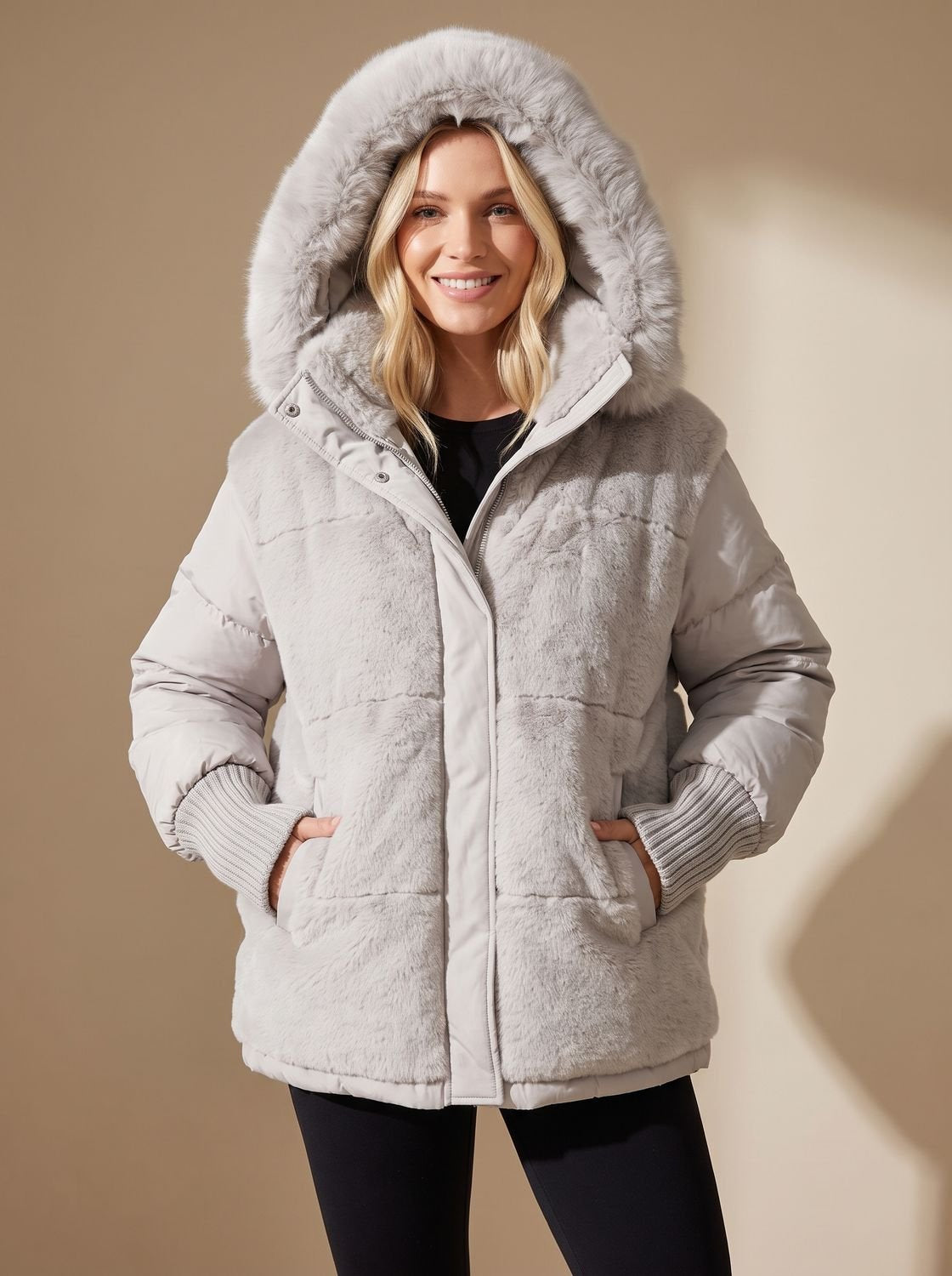 Daunenjacke Damen gesteppt, Oversize mit Kunstfell-Kragen und Kapuze