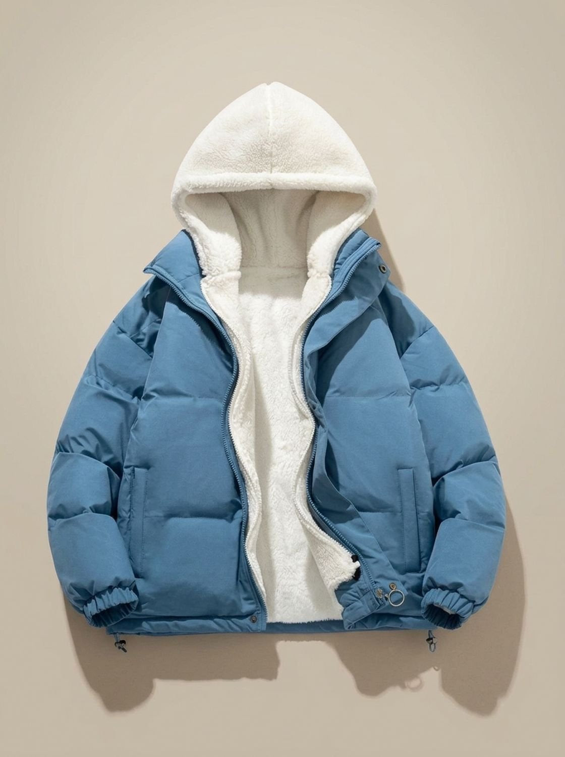 Daunenjacke Damen mit Sherpa-Fleece-Futter und Kapuze, hüftlang