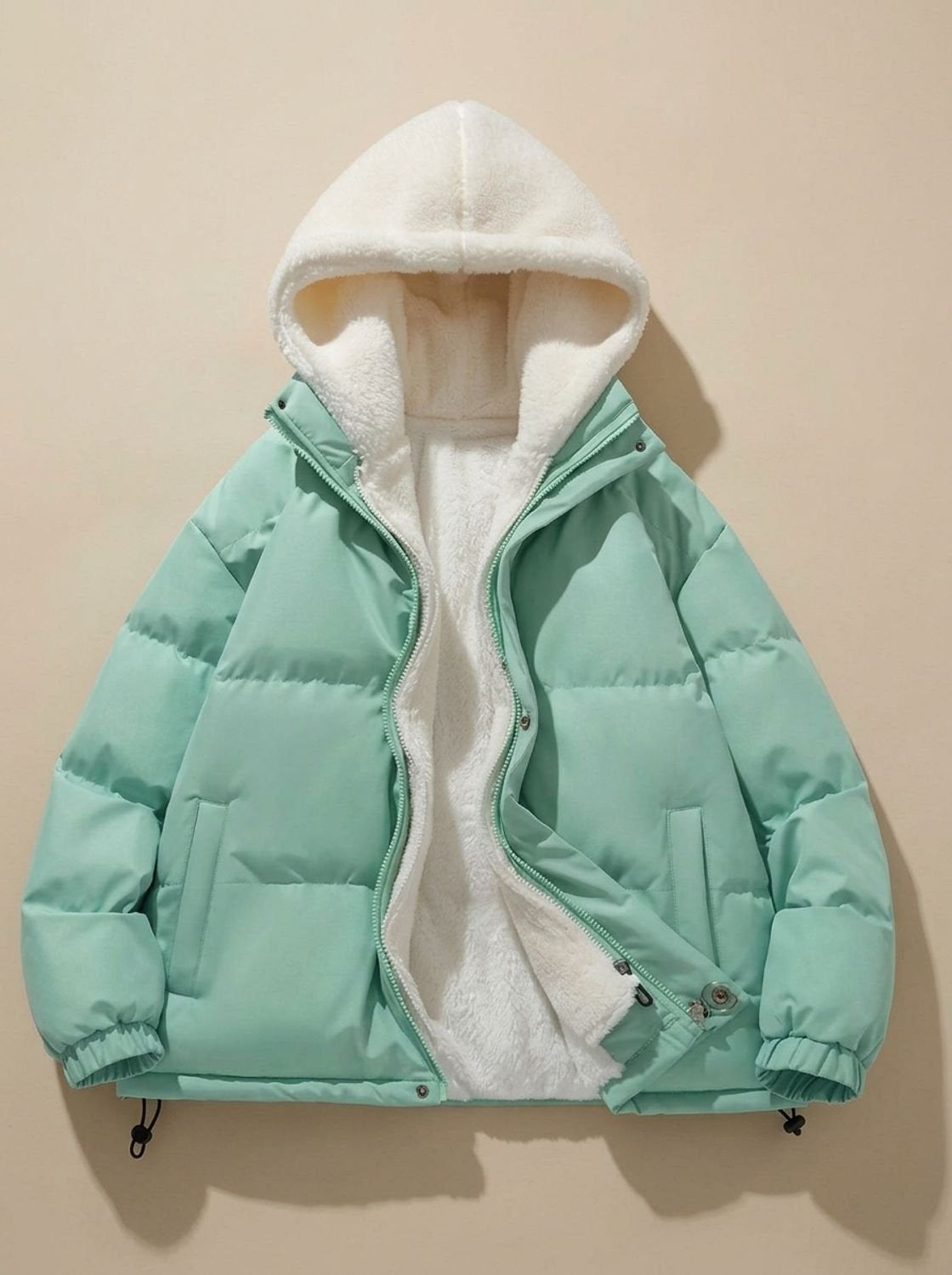 Daunenjacke Damen mit Sherpa-Fleece-Futter und Kapuze, hüftlang
