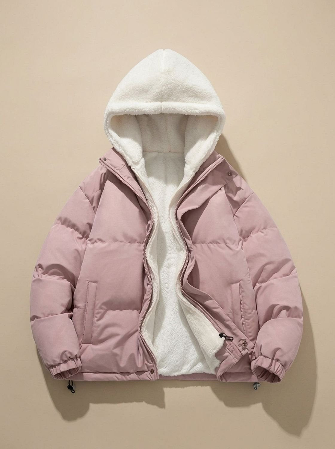 Daunenjacke Damen mit Sherpa-Fleece-Futter und Kapuze, hüftlang
