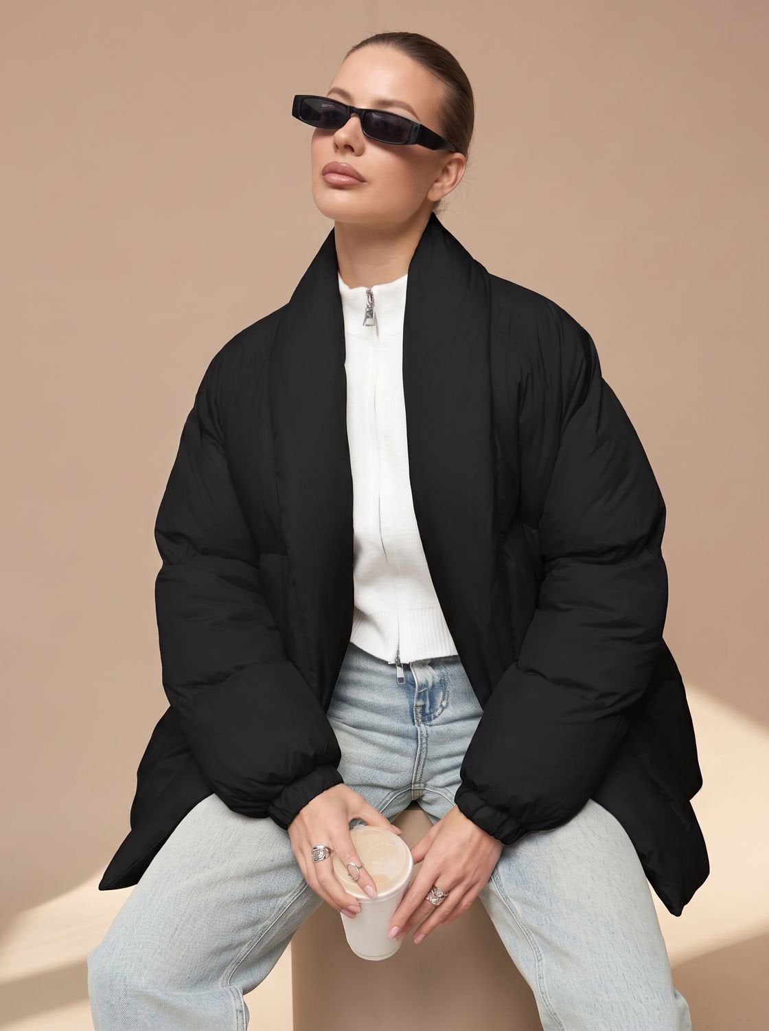 Daunenjacke Damen Oversize mit Gürtel und Stehkragen für den Winter