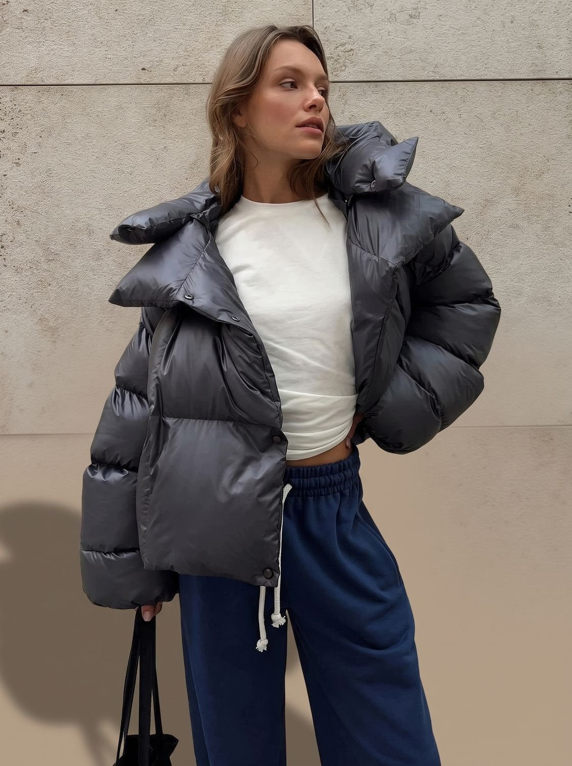 Daunenjacke Damen warm gesteppt, Oversize mit Stehkragen