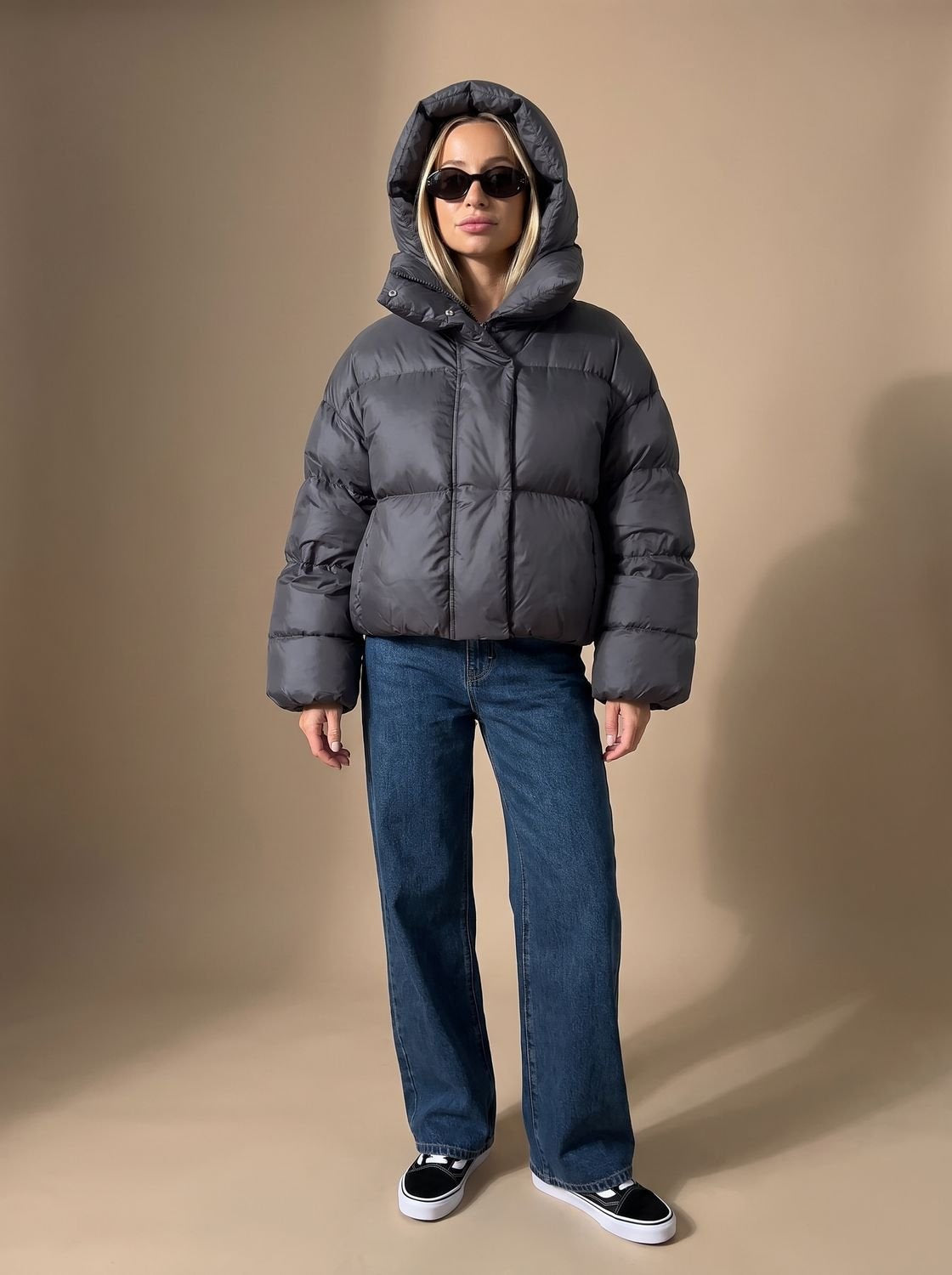 Daunenjacke Damen warm gesteppt, Oversize mit Stehkragen