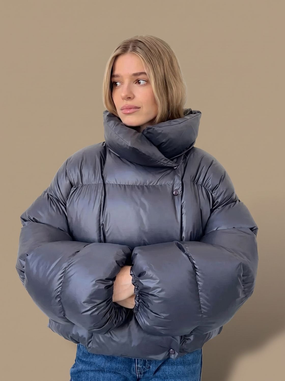 Daunenjacke Damen warm gesteppt, Oversize mit Stehkragen