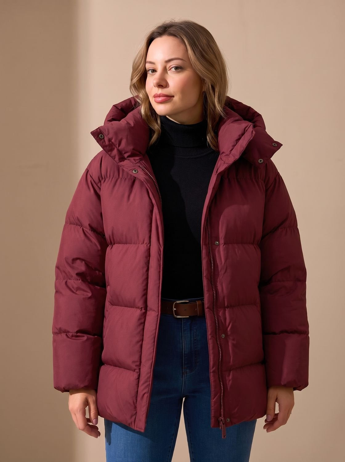 Daunenjacke Damen warm im Oversize-Schnitt mit Kapuze, Winterjacke