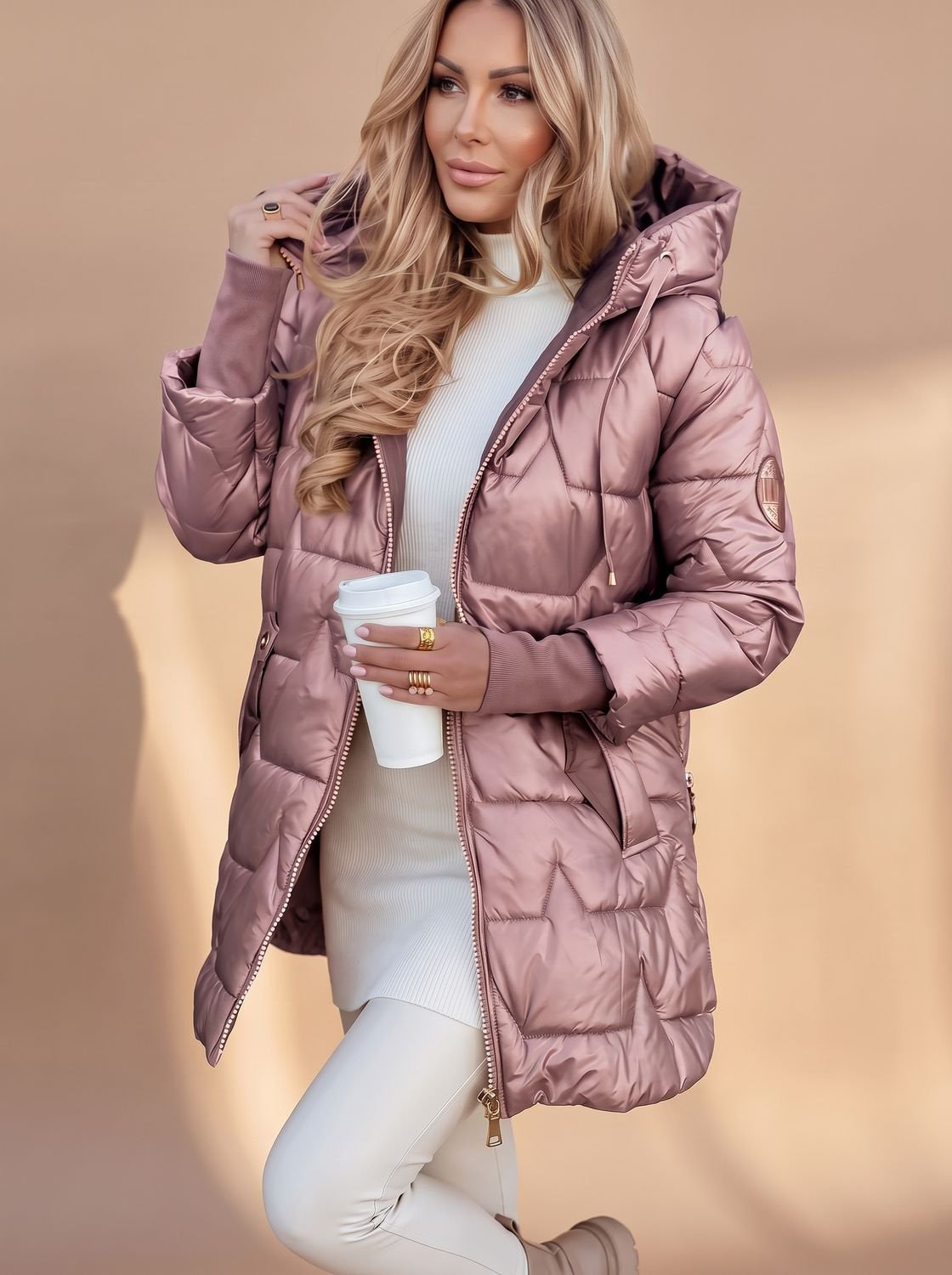 Daunenjacke Damen warm in Midi-Länge mit Kapuze, Winterjacke