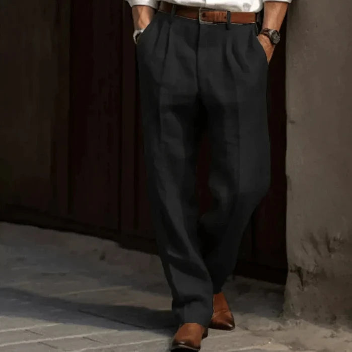 Bayer Modehaus - Herren Bundfaltenhose mit weitem Bein, Leinen-Optik in Schwarz