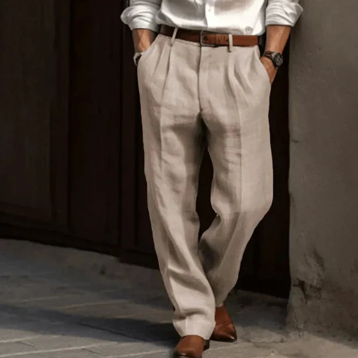 Bayer Modehaus - Herren Bundfaltenhose mit weitem Bein, Leinen-Optik in Beige