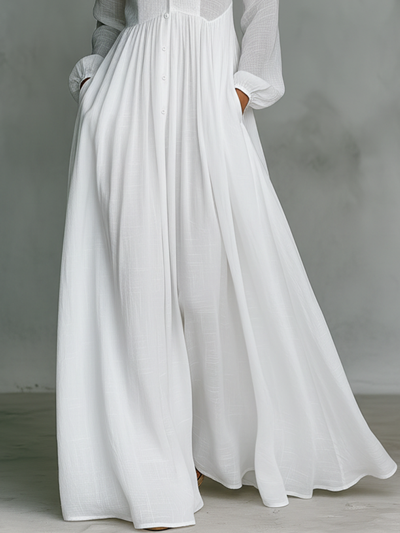 Blusenkleid Damen Maxikleid, Faltenrock, Kragen, Knopfleiste, Taschen
