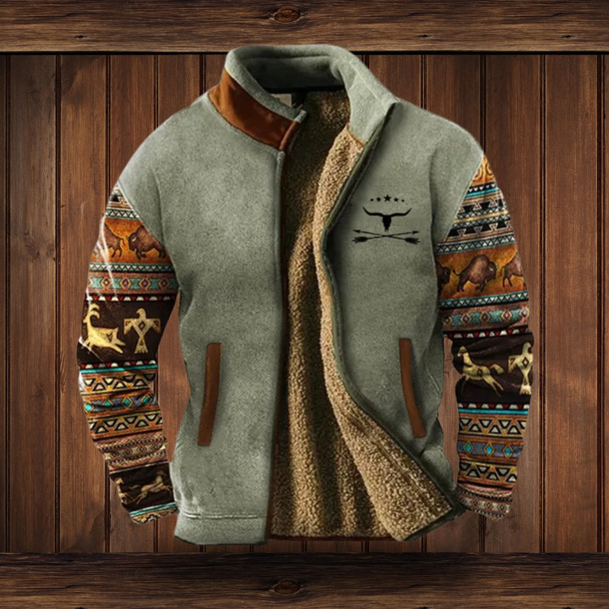 Fleecejacke Herren mit Sherpa-Futter und Aztekenmuster