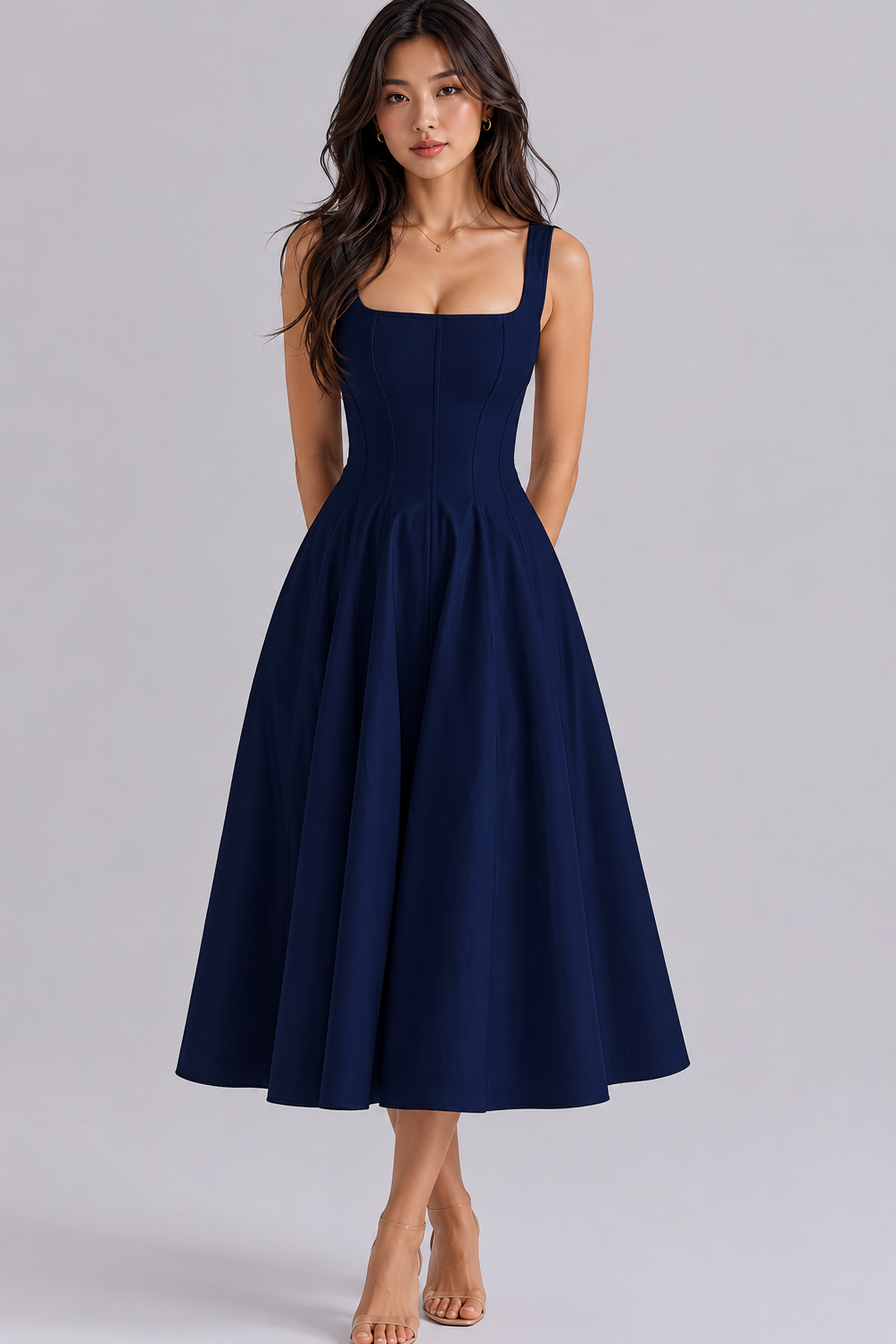Festliches Kleid Damen Midikleid eckiger Ausschnitt Rückenschnürung