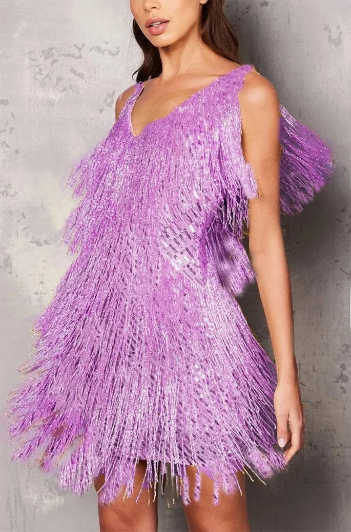 Glitzerkleid mit Fransen und Mini-Länge für Damen in Lila