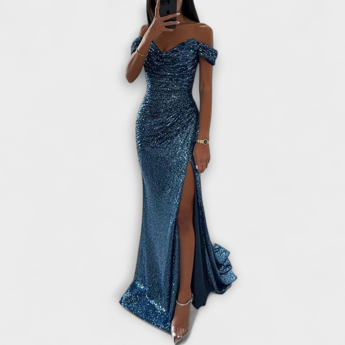 Glitzerkleid mit Schleppe und Beinschlitz für Damen