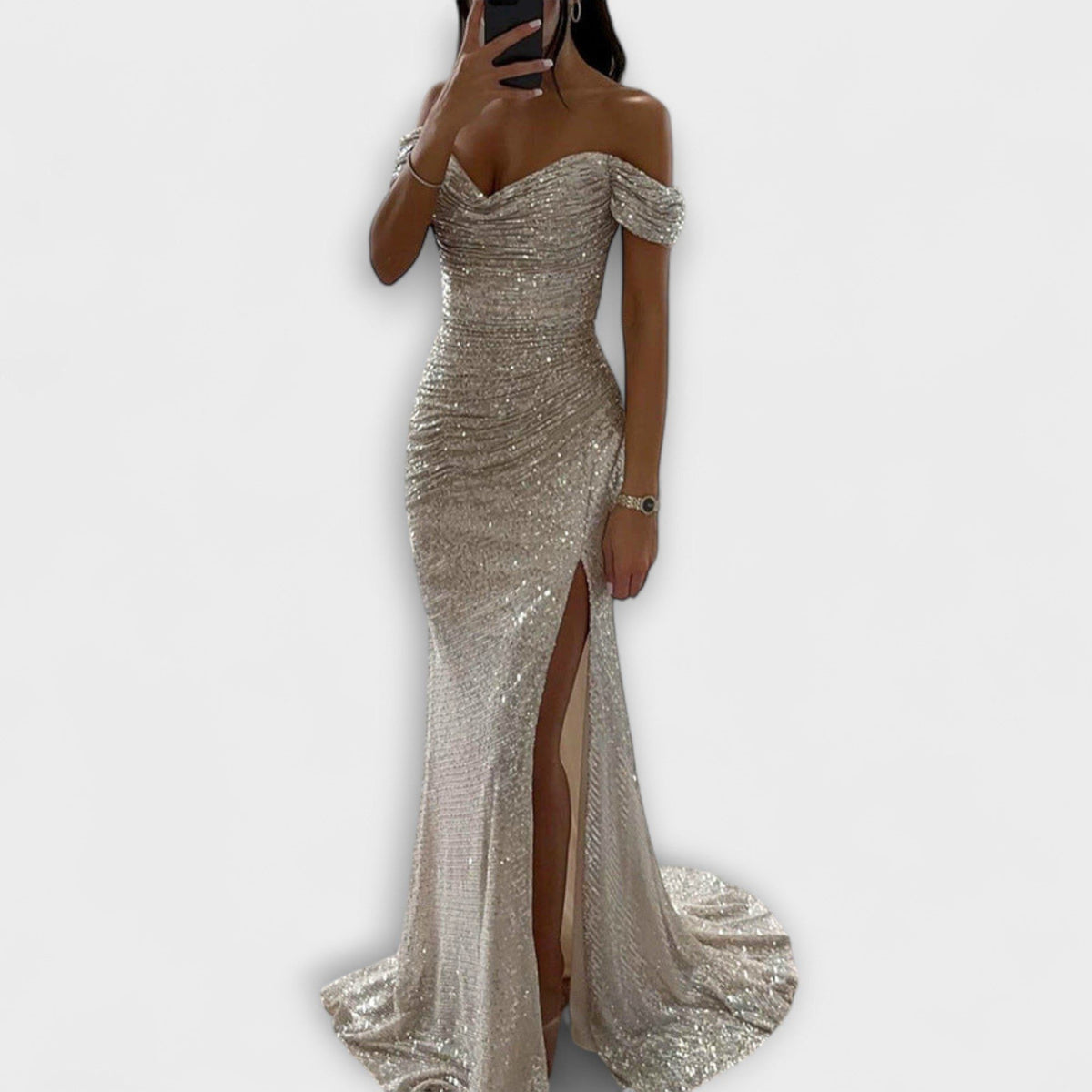 Glitzerkleid mit Schleppe und Beinschlitz für Damen