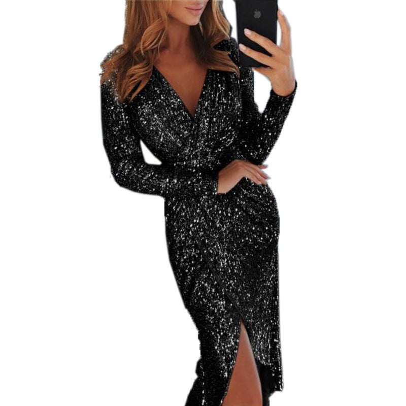 Glitzerkleid mit Wickeloptik und V-Ausschnitt für Damen