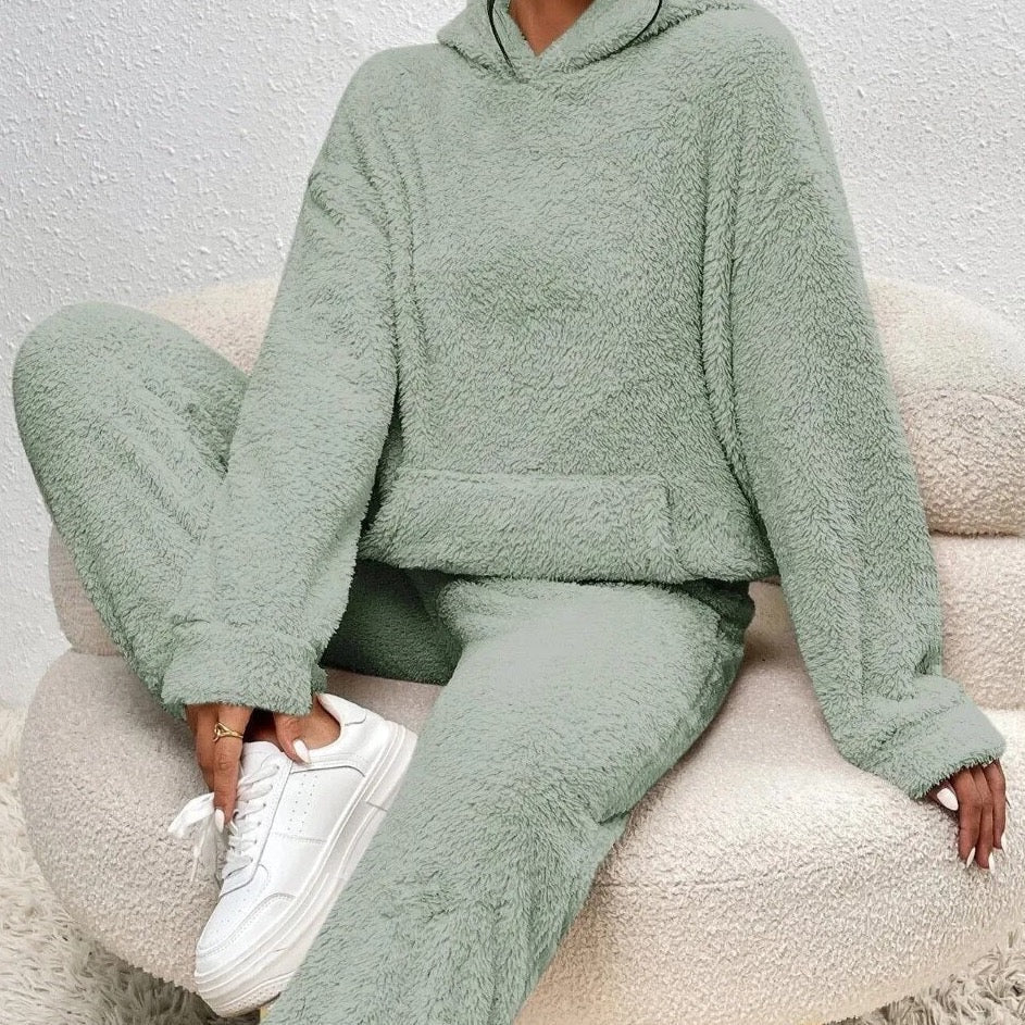 Hausanzug mit Teddystruktur, Kapuze und langer Hose für Damen in Grün - Ansicht 2