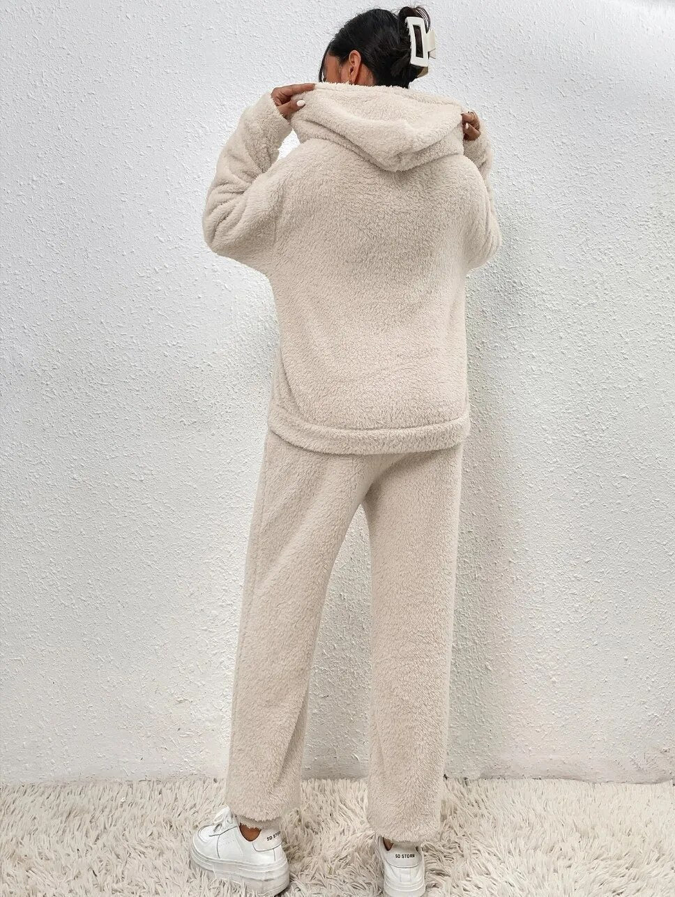 Hausanzug mit Teddystruktur, Kapuze und langer Hose für Damen - Ansicht 4