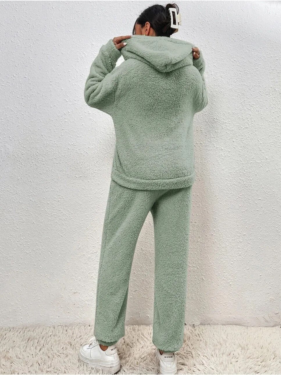 Hausanzug mit Teddystruktur, Kapuze und langer Hose für Damen - Ansicht 8