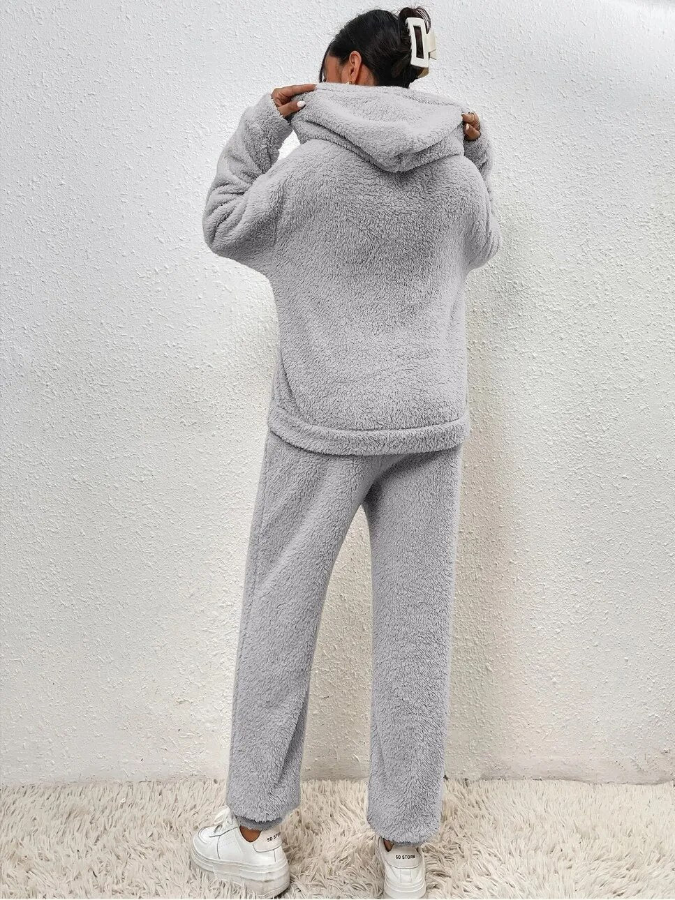 Hausanzug mit Teddystruktur, Kapuze und langer Hose für Damen - Ansicht 9