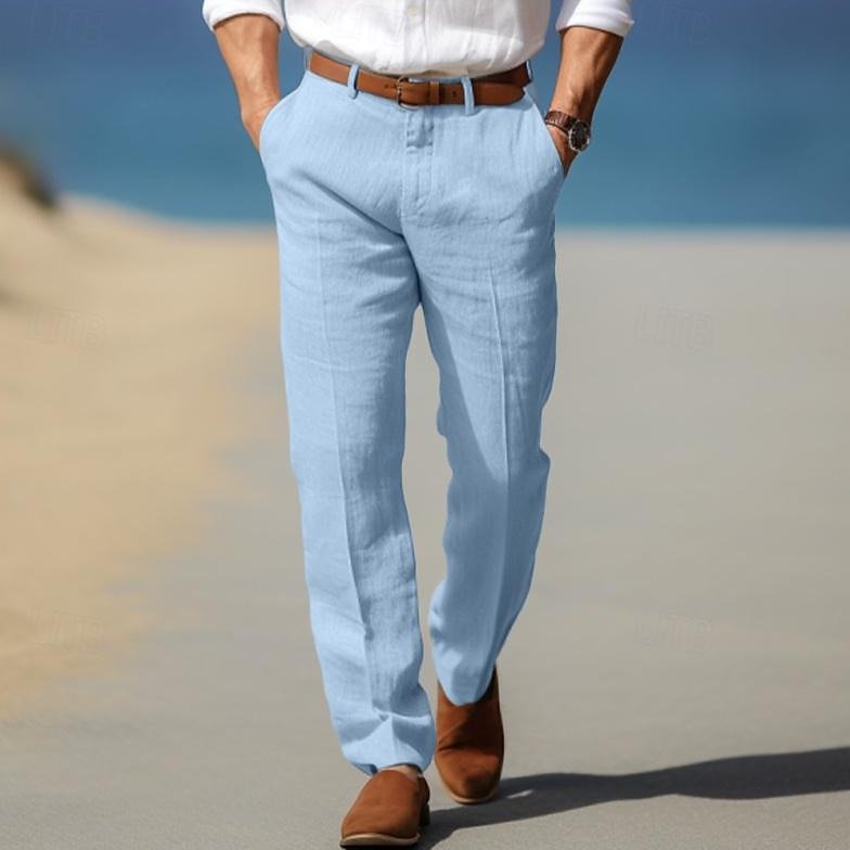 Bayer Modehaus - Herren Chinohose mit Bügelfalte und geradem Bein, Leinen-Optik in Blau