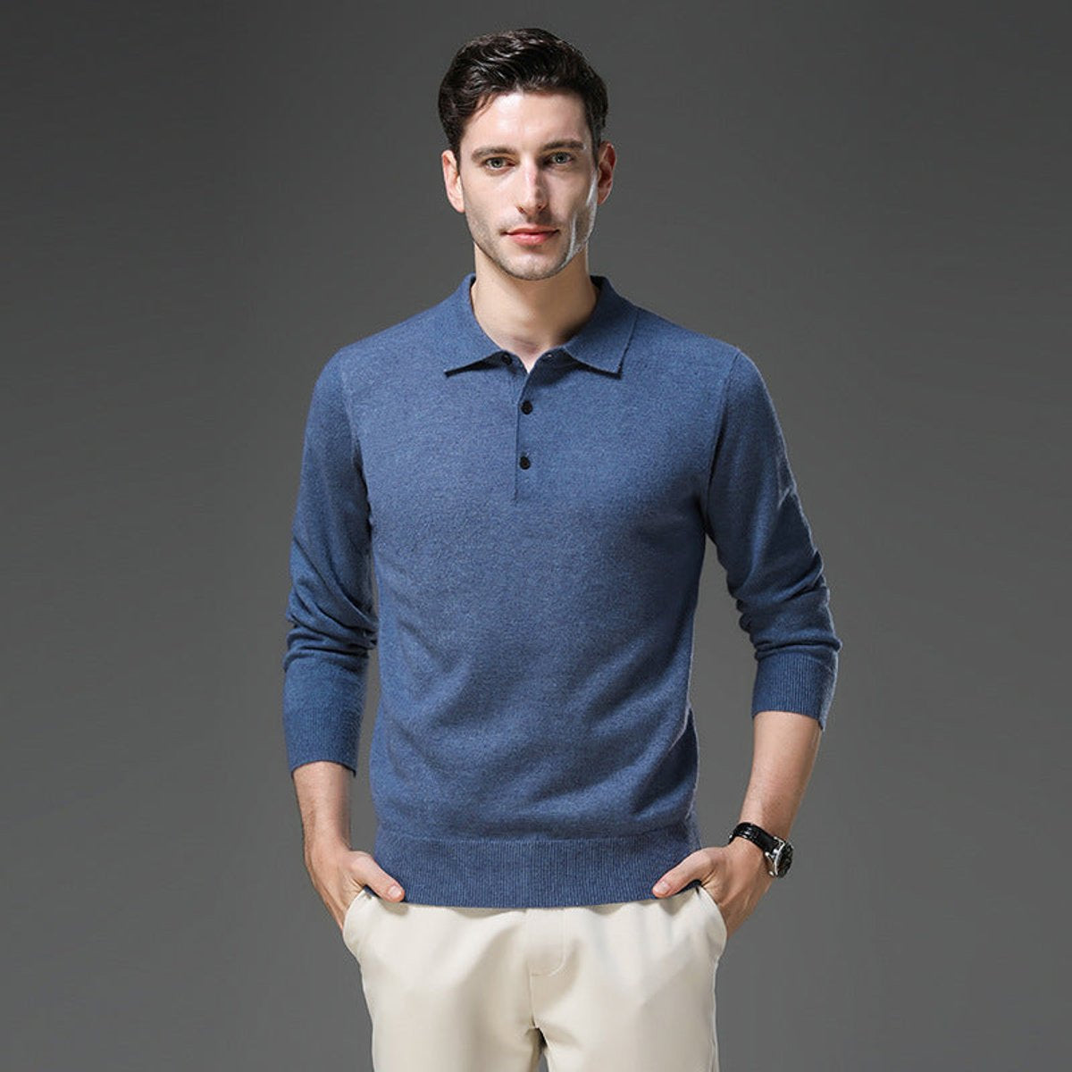Herren Kaschmirpullover mit Polokragen und Knopfleiste für das Büro