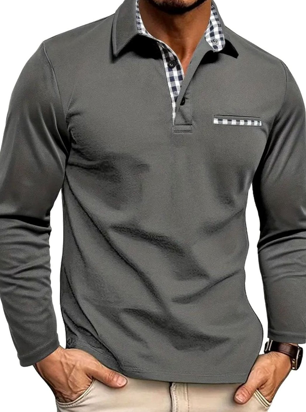 Winter Jacke Herren Langarm Poloshirt mit Karokragen und Brusttasche