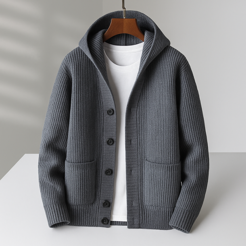 Herren Winter Strickjacke Cardigan mit Kapuze und Rippstrick
