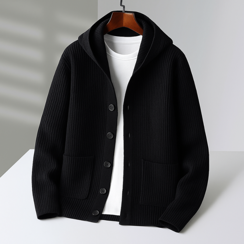 Herren Winter Strickjacke Cardigan mit Kapuze und Rippstrick