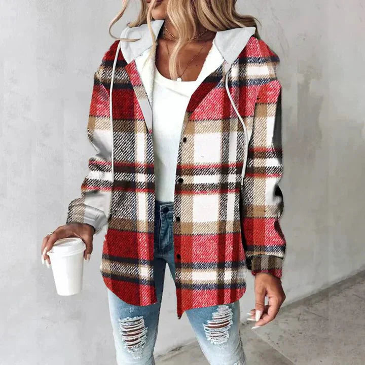 Hoodie-Jacke mit Karomuster, Kapuze und Knöpfen für Damen in Rot