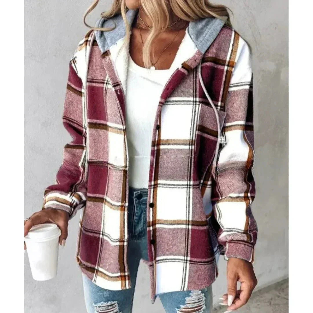Hoodie-Jacke mit Karomuster, Kapuze und Knöpfen für Damen in Dunkelrot - Ansicht 2