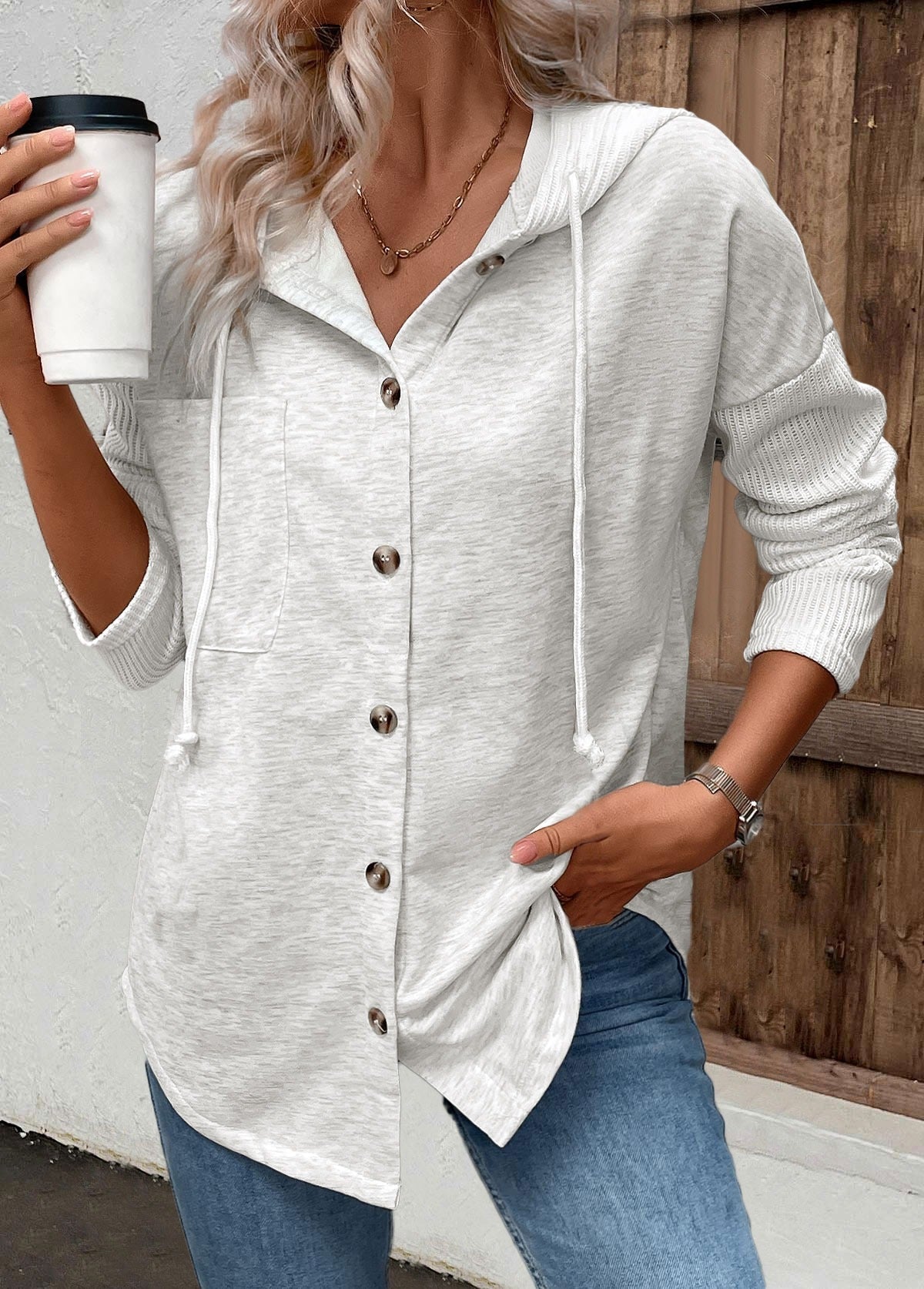 Hoodie Damen mit Knopfleiste, Kapuze und langen Ärmeln in Hellgrau
