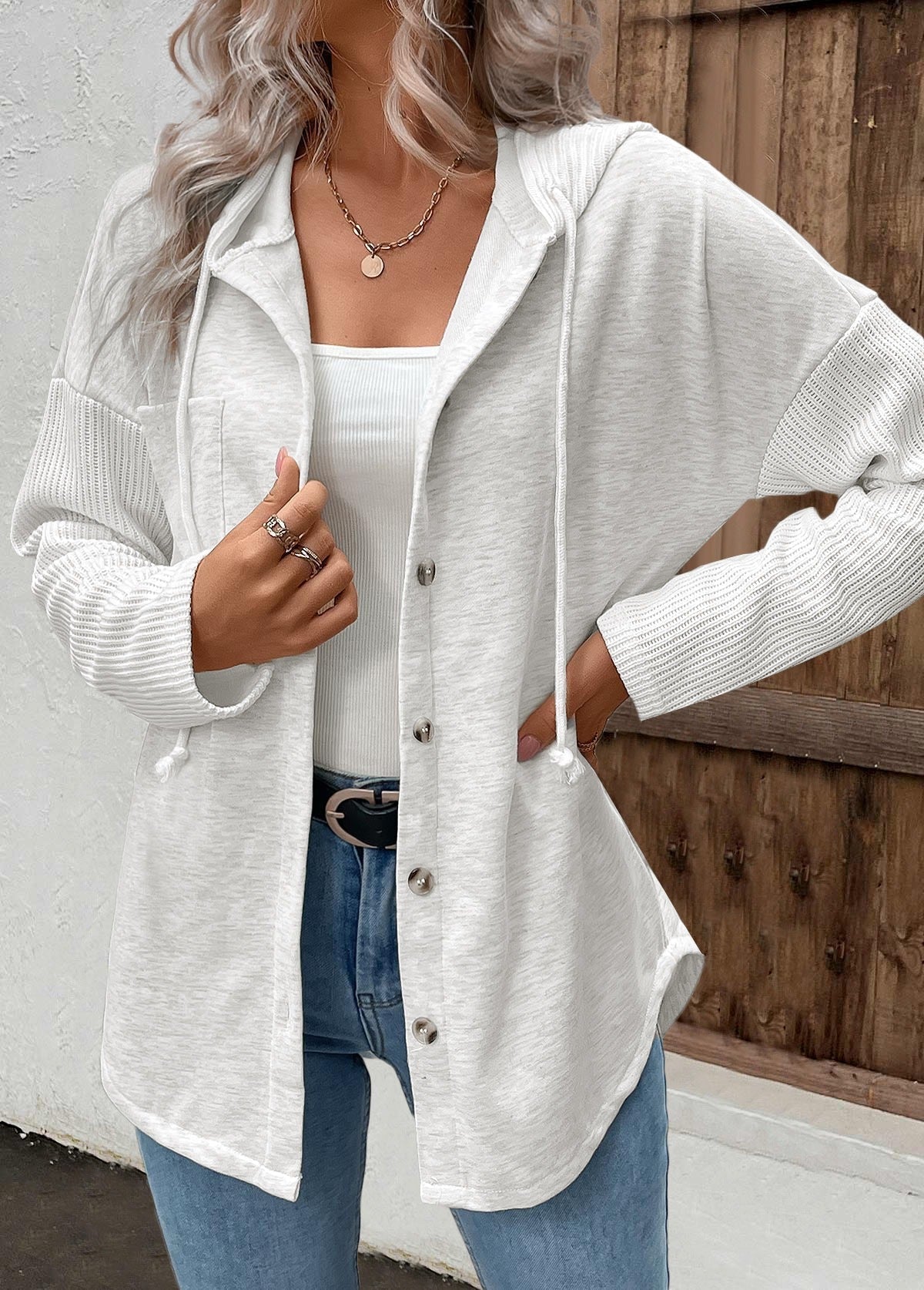 Hoodie Damen mit Knopfleiste, Kapuze und langen Ärmeln in Hellgrau
