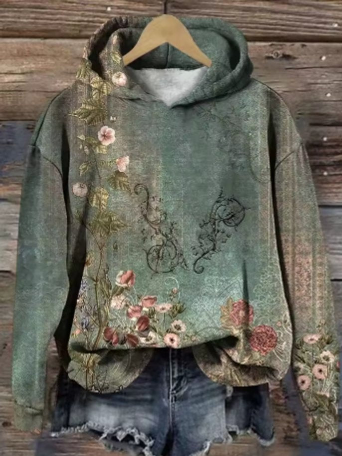 Hoodie Damen Oversize Strickpullover mit Kapuze und Blumenmuster
