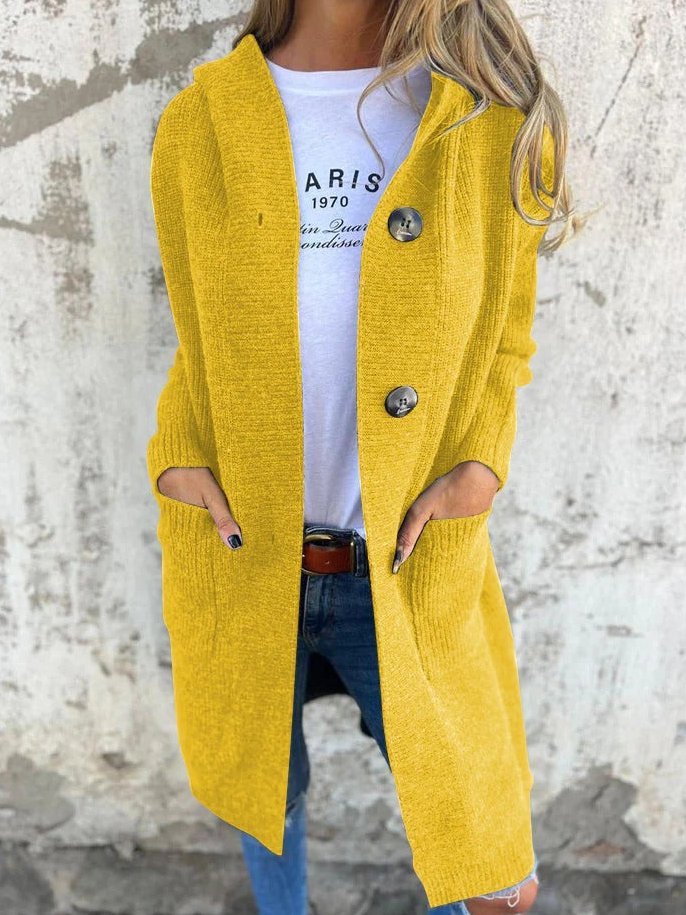 Bayer Modehaus - Damen Longcardigan in Rippstrick mit Kapuze und Taschen in Gelb