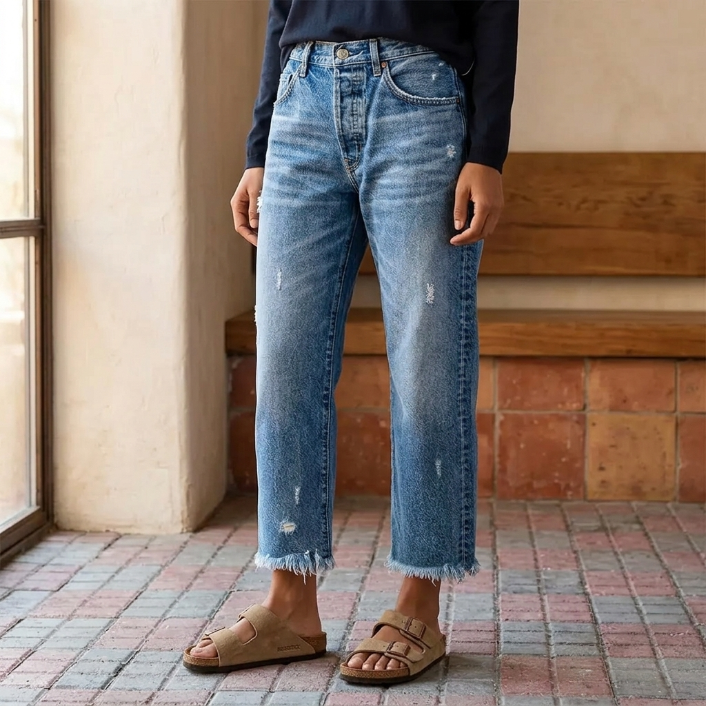 Jeans mit geradem Bein und Fransensaum für Damen