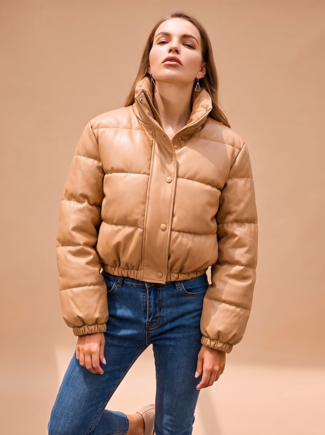 Kunstleder Daunenjacke Damen gefüttert, kurz mit Kapuze