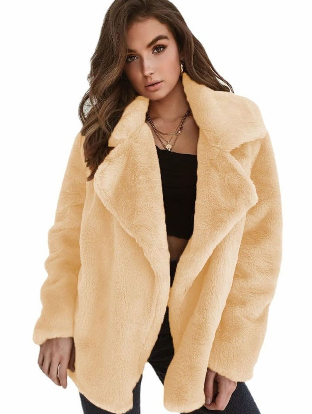 Wintermantel Damen Kunstpelzmantel Oversized Teddyfell Reverskragen