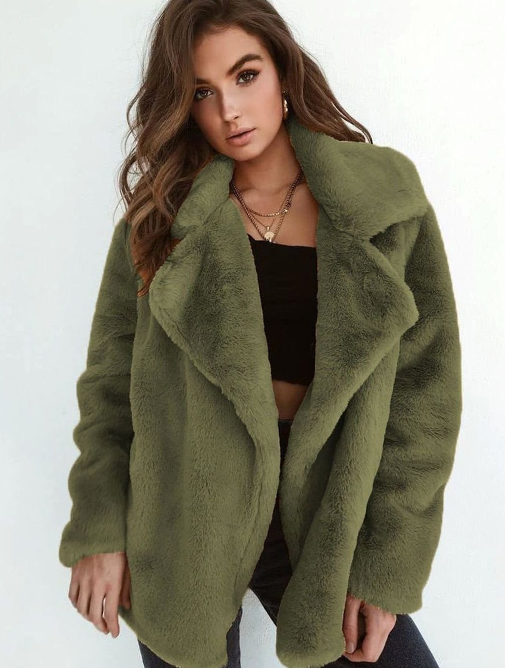 Wintermantel Damen Kunstpelzmantel Oversized Teddyfell Reverskragen