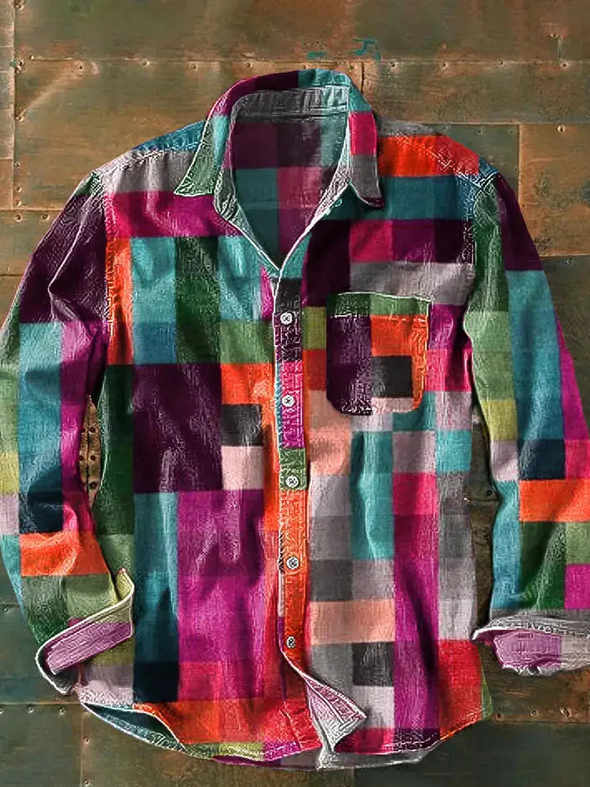 Langarmhemd mit Patchwork-Muster und lockerem Schnitt für Herren in Rosa - Ansicht 2