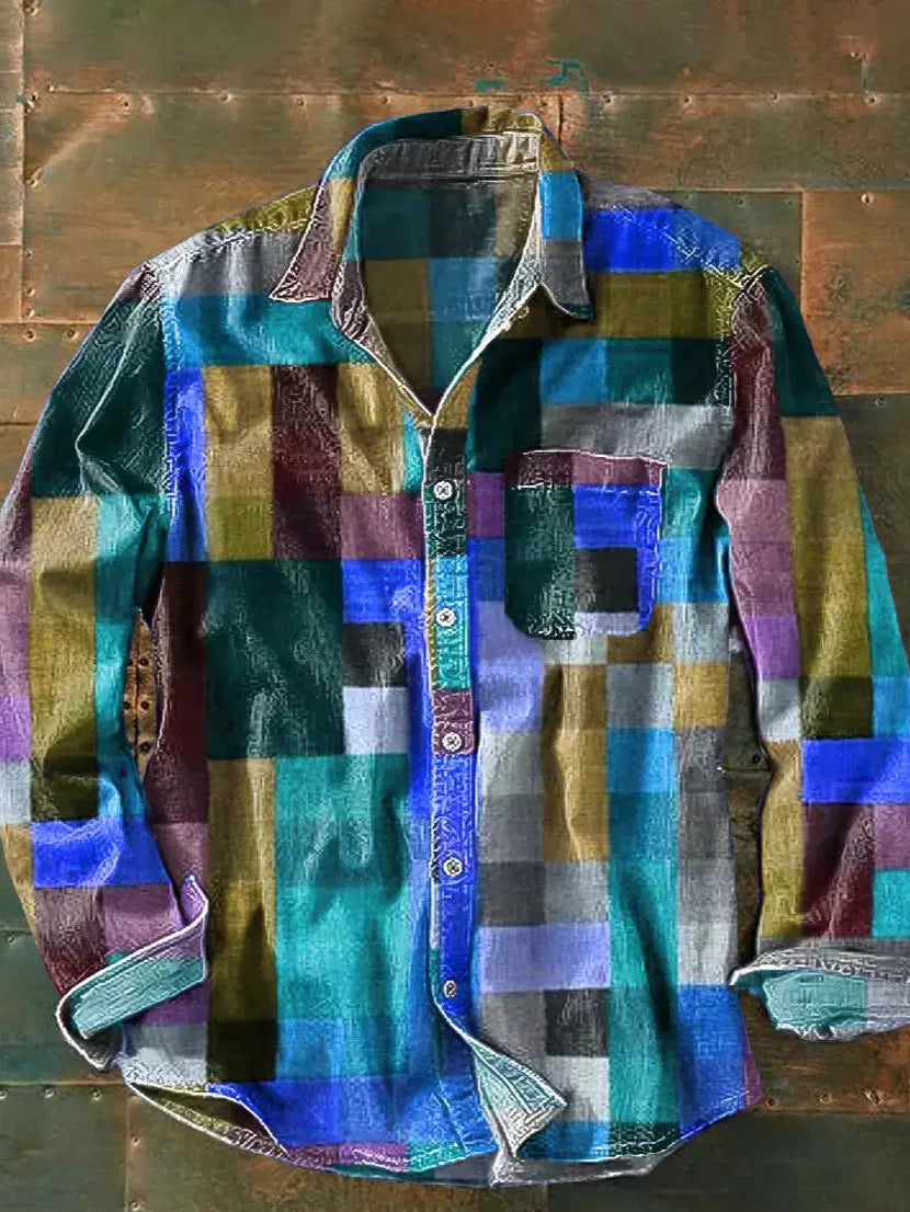 Langarmhemd mit Patchwork-Muster und lockerem Schnitt für Herren in Blau - Ansicht 3