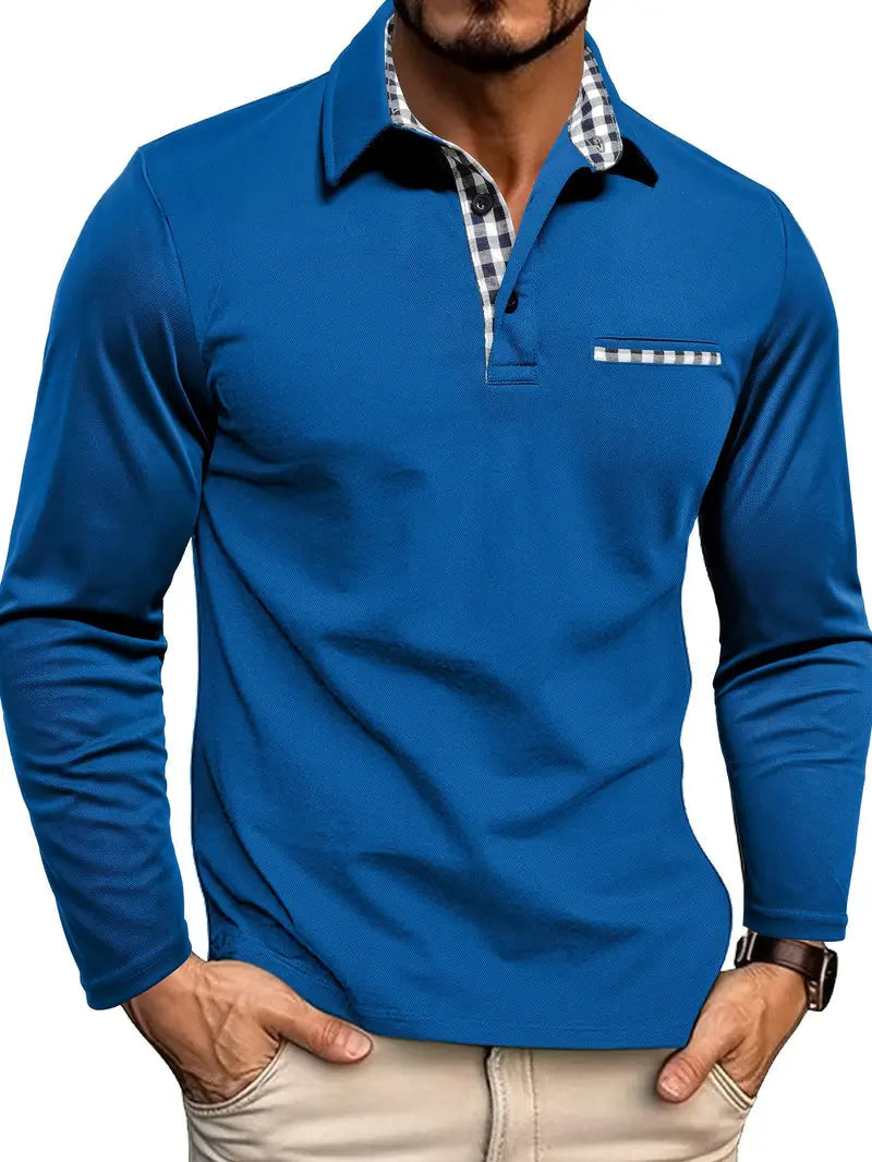 Langarmhemd aus Baumwollmix mit karierten Polo-Details für Herren in Blau - Ansicht 5