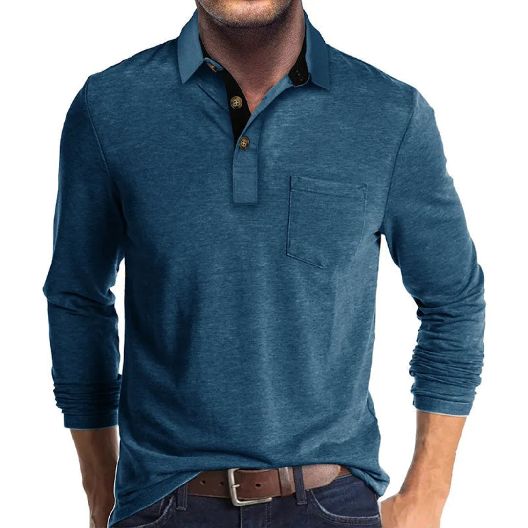 Langarmhemd mit Polokragen und kurzer Knopfleiste für Herren in Blau - Ansicht 2